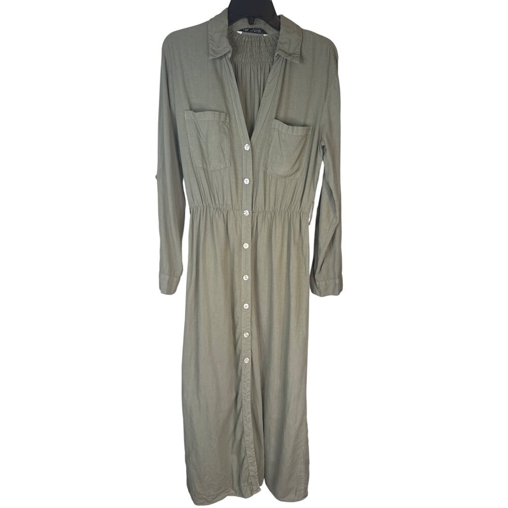 2/$30 ZARA Small Button-Down Shirt Dress Khaki Green Linen & Viscose